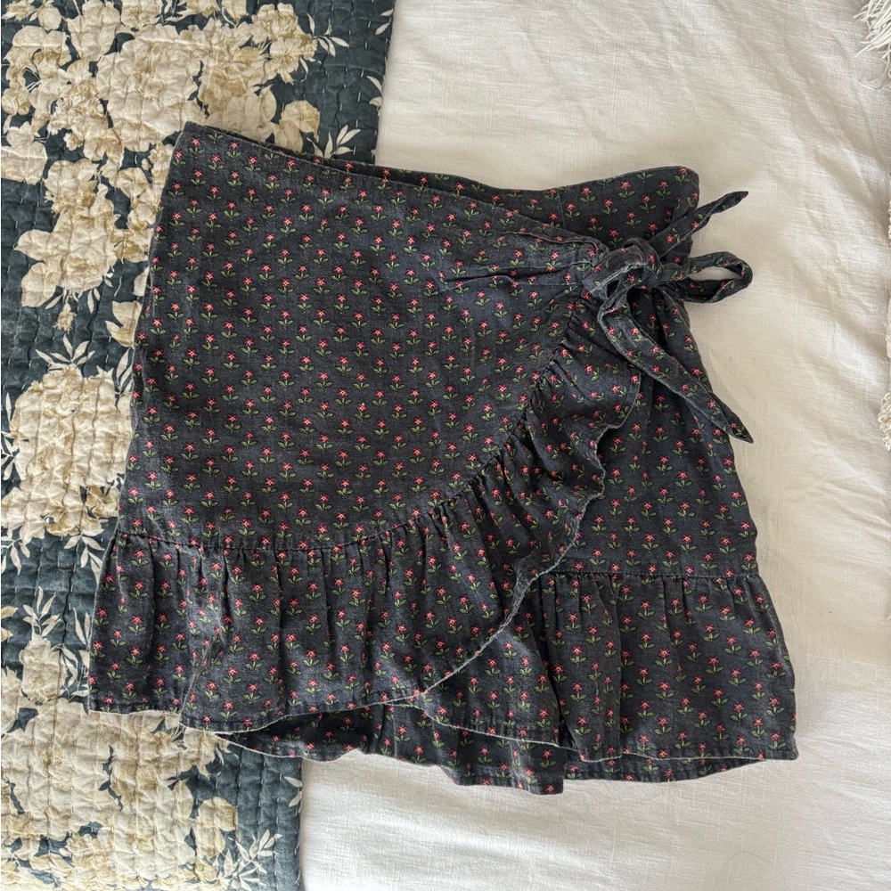 Sezane Black Floral Asymmetrical Ruffle Wrap Skirt